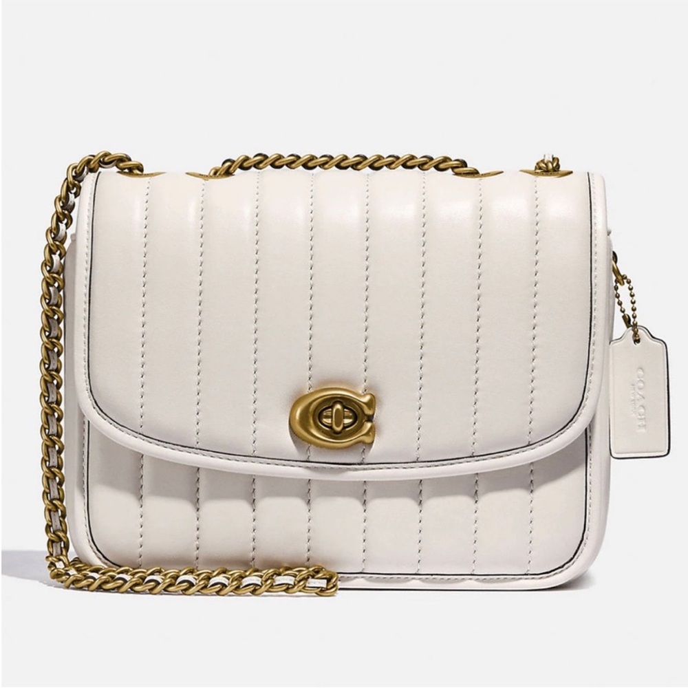 Coach Madison Leather Shoulder Bag in Chalk with Gold Chain